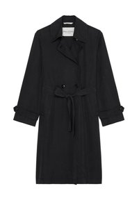 Černý trenčkot s dvouřadým zapínáním, páskem v pase, zapínáním na knoflíky na manžetách a klopami s výstřihem do V. Vyrobený z hladké, lehké látky.
