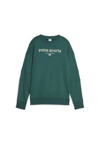 Sudadera verde con cuello redondo, mangas largas y puños acanalados. Presenta el logotipo "puma sports" en blanco en la parte frontal. Textura suave.