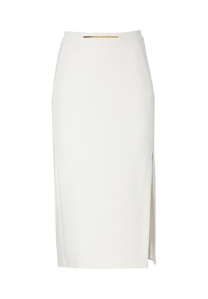 Gonna a matita bianca fino al ginocchio con spacco laterale e piccolo dettaglio a barra dorata in vita.