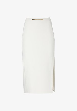 Gonna a matita bianca fino al ginocchio con spacco laterale e piccolo dettaglio a barra dorata in vita.