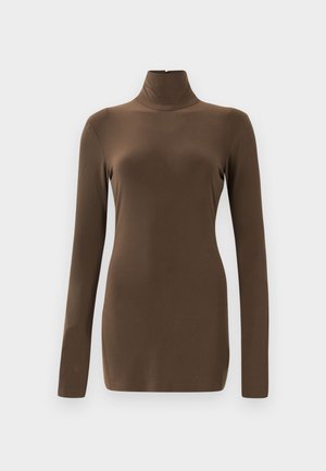Brown turtleneck top made from smooth, stretchy fabric; features long sleeves and a slim fit, suitable for layering.