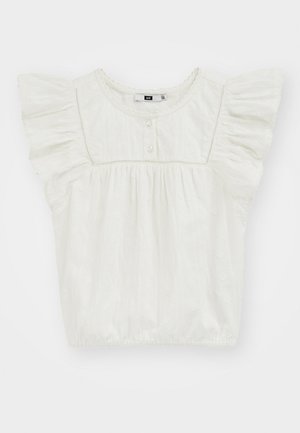 Bijela pamučna bluzica s kratkim, nabranim rukavima. Ima okrugli izrez, mekanu teksturu i dugmad na prednjoj strani.