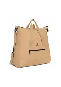 Borsa a tracolla beige realizzata in morbido tessuto, con due manici superiori, una tracolla regolabile e una tasca frontale con zip con un accento nero.