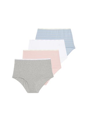 Quattro paia di slip donna: uno grigio, uno bianco, uno a righe rosa chiaro e uno a righe azzurro chiaro con vita elasticizzata.