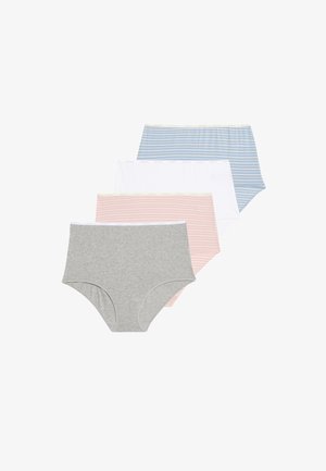 Quattro paia di slip donna: uno grigio, uno bianco, uno a righe rosa chiaro e uno a righe azzurro chiaro con vita elasticizzata.