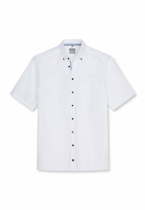 Witte korte mouwen blouse met zwarte knopen, een borstzak en een button-down kraag met subtiel binnenpatroon.