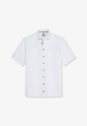 Weißes kurzärmeliges Hemd mit schwarzen Knöpfen, einer Brusttasche und einem Button-Down-Kragen mit dezentem Innenmuster.