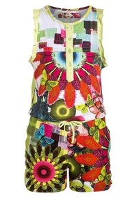 Bunt gemusterter ärmelloser Jumpsuit mit Blumenmustern, Knöpfen auf der Vorderseite und einem verstellbaren Taillenbund. Hergestellt aus leichtem Stoff.