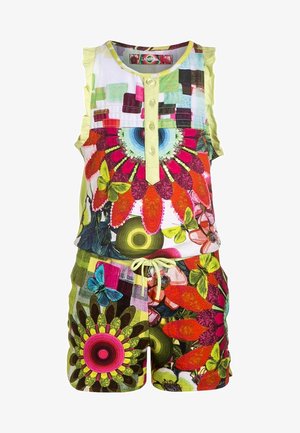 Bunt gemusterter ärmelloser Jumpsuit mit Blumenmustern, Knöpfen auf der Vorderseite und einem verstellbaren Taillenbund. Hergestellt aus leichtem Stoff.