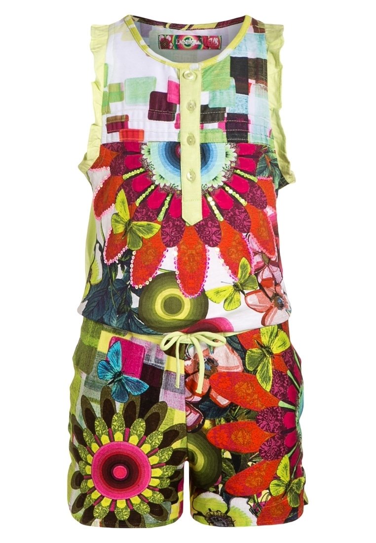 Bunt gemusterter ärmelloser Jumpsuit mit Blumenmustern, Knöpfen auf der Vorderseite und einem verstellbaren Taillenbund. Hergestellt aus leichtem Stoff.