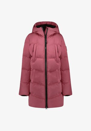 Roze gewatteerde jas met een capuchon, voorzien van een zwarte rits, twee voorzakken en een gestikt ontwerp. Het materiaal lijkt glad en geïsoleerd.