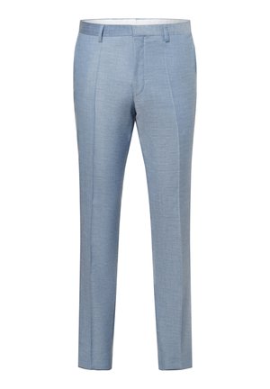 Helleblaue, maßgeschneiderte Hose aus einem strukturierten Stoff, mit flacher Vorderseite, schmaler Passform und gebügelten Beinen für ein gepflegtes Erscheinungsbild.