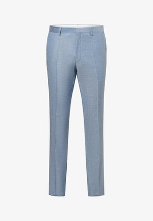 Helleblaue, maßgeschneiderte Hose aus einem strukturierten Stoff, mit flacher Vorderseite, schmaler Passform und gebügelten Beinen für ein gepflegtes Erscheinungsbild.