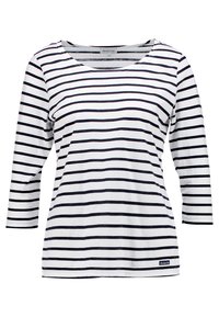 Langærmet T-shirt i hvid bomuld med navy horisontale striber. Har en rund halsudskæring og et lille mærkeskilt i kanten.