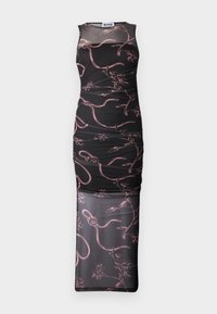 Black sleeveless dress with fitted silhouette, featuring pink floral and abstract line patterns, mesh overlay, and ruched texture.