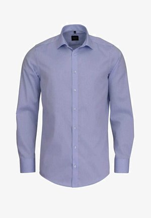 Lichtblauwe blouse met lange mouwen, gemaakt van geweven stof. Heeft een puntige kraag, een sluiting met knopen aan de voorkant en ronde manchetten. Style heeft een gladde textuur.