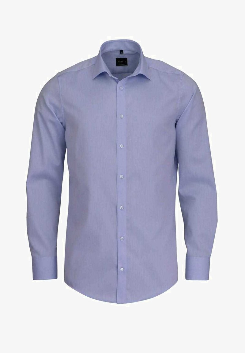 Lichtblauwe blouse met lange mouwen, gemaakt van geweven stof. Heeft een puntige kraag, een sluiting met knopen aan de voorkant en ronde manchetten. Style heeft een gladde textuur.