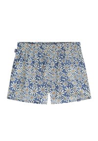 Shorts da bagno da uomo in tessuto blu con un motivo floreale di margherite. Presentano un elastico in vita e centri dei fiori arancioni a contrasto.