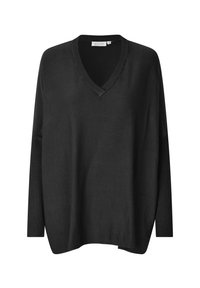 Zwarte oversized pullover met een V-hals, lange mouwen, geribde manchetten en een relaxte fit. Glad textuur en minimalistisch ontwerp.