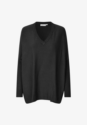 Sort oversized pullover med V-hals, lange ærmer, ribbede mansjetter og en afslappet pasform. Glat tekstur og minimalistisk design.