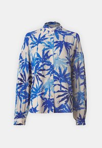 Long-sleeve blouse featuring a blue tropical leaf print on a cream background, with a mandarin collar and button closure. Soft fabric texture.