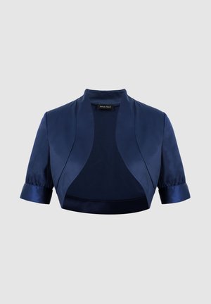 Bolero in raso blu navy con maniche corte, apertura frontale e una leggera lucentezza, esposto su uno sfondo semplice.