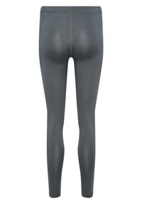 Grå leggings gjorda av ett slätt tyg, med en åtsittande design, förstärkta sömmar och en sömlös midjeband för komfort och flexibilitet.
