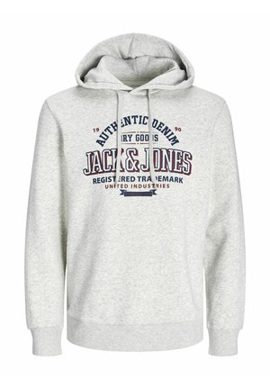 Haut à capuche en coton gris avec cordon de serrage, présentant un logo imprimé en texte rouge et bleu sur le devant. Texture douce, poignets et ourlet côtelés.
