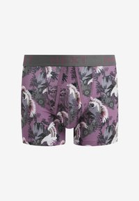 Purple boxer briefs featuring a floral pattern with cranes, complemented by a gray waistband branded "NEXT" in maroon.
