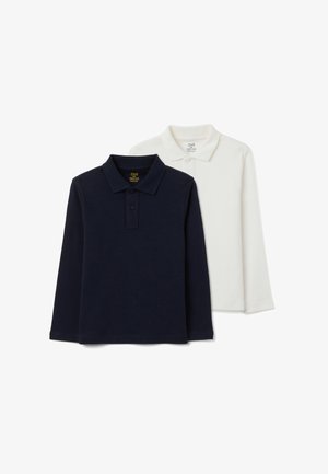 Due polo a maniche lunghe, una blu navy e una bianca, realizzate in tessuto morbido, con colletto classico e patta con tre bottoni.