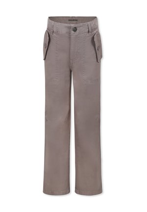 Pantalon gris à jambe droite en tissu léger, doté de deux poches latérales, d'une fermeture à bouton à l'avant et de détails de couture subtils.