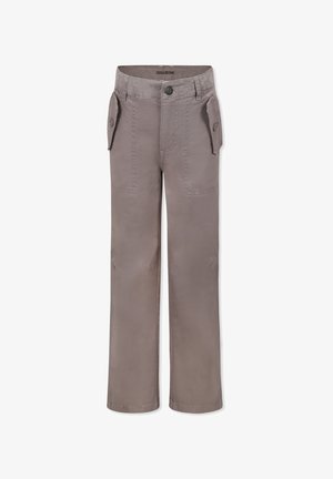 Pantalon gris à jambe droite en tissu léger, doté de deux poches latérales, d'une fermeture à bouton à l'avant et de détails de couture subtils.