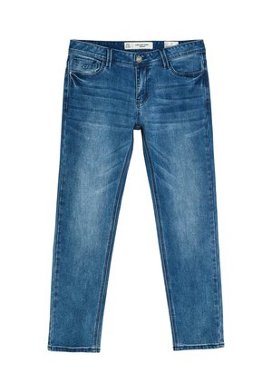 Niebieskie jeansy z denimu z przednimi kieszeniami, szlufkami na pasek i zapięciem na guziki, prezentujące subtelne wyblakłe detale na udach i kolanach.