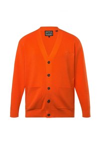 Orange gestrickte Strickjacke mit V-Ausschnitt, langen Ärmeln, fünf schwarzen Knöpfen und zwei Fronttaschen. Mit Logo der Marke auf der Brust.