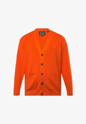 Cardigan lavorato a maglia arancione con scollatura a V, maniche lunghe, cinque bottoni neri e due tasche frontali. Presenta il logo del marchio sul petto.