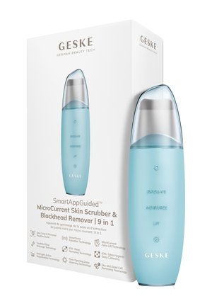 Blauwe Geske MicroCurrent Skin Scrubber met doorzichtige dop, met de functies exfoliëren, hydrateren en liften, naast de witte productdoos.