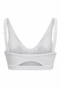 Sutiã desportivo branco com um decote em V profundo, alças largas e um design de costas abertas com um logótipo central da Under Armour. Textura suave.
