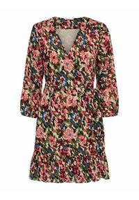 Zavinovací šaty s květinovým potiskem v růžové, zelené, modré a burgundské barvě, s dlouhými rukávy, zavazováním v pase a volánkovým lemem.