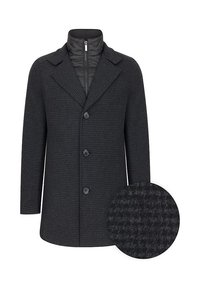 Ciemnoszary płaszcz z teksturowanym wzorem, wyposażony w kołnierz z klapami, trzy frontowe guziki oraz odpinaną pikowaną podszewkę wewnętrzną.