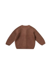 Maglione marrone a maglia con una texture a coste, scollatura rotonda e maniche lunghe a raglan. Design semplice senza motivi o accenti.