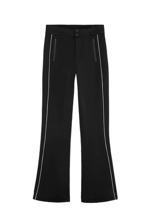 Black wide-leg pants with a smooth finish, featuring two zippered pockets, a buttoned waistband, and contrasting white side piping.