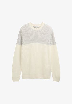 Cremfarbener und hellgrauer, gerippter Strickpullover mit Rundhalsausschnitt und langen Ärmeln. Verfügt über ein Farbblockdesign und eine angenehme Textur.