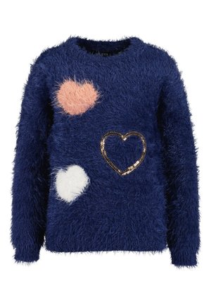 Marineblauwe zachte trui met drie hartontwerpen: roze pluizig, wit pluizig en een gouden pailletten rand. Ronde hals en lange mouwen.