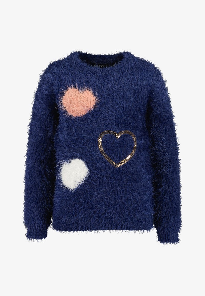 Pull bleu marine en tissu duveteux avec trois motifs de cœurs : rose duveteux, blanc duveteux et contour en paillettes dorées. Col rond et manches longues.