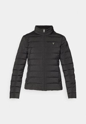 Doudoune noire avec col montant, fermeture éclair, coutures horizontales et un petit patch logo sur la zone de la poitrine gauche.