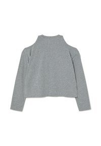 Top gris de manga larga cortada con cortes en los hombros, hecho de una tela suave. Diseño simple con un escote redondeado y un corte relajado.