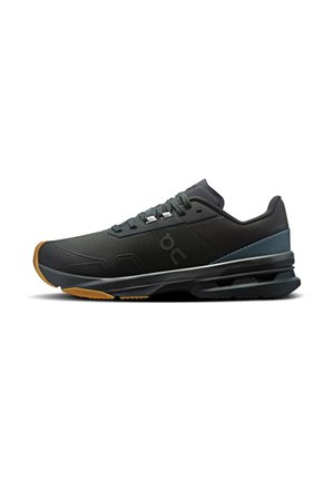 Schwarzer Sportschuh mit grauen Akzenten, strukturiertem Obermaterial, Schnürsenkeln und flexibler Sohle. Verfügt über eine Gummisohle für Traktion und Unterstützung.