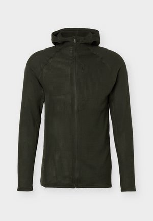 Mørkegrønn hettejakke med vaffeltekstur, lange ermer og hel glidelås foran, vist på hvit bakgrunn.