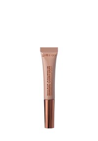 Makeup contorno liquido Bellaoggi Italia Magic Contour in tubetto beige con cappuccio in bronzo metallico su sfondo bianco.