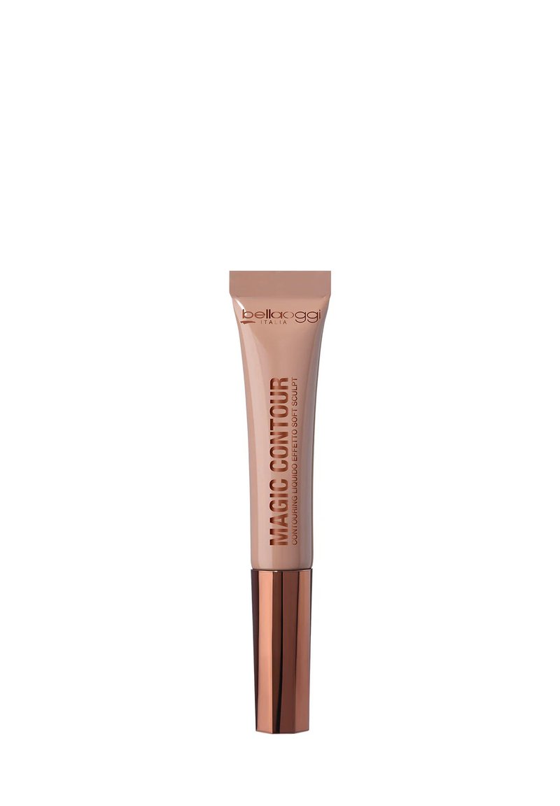 Makeup contorno liquido Bellaoggi Italia Magic Contour in tubetto beige con cappuccio in bronzo metallico su sfondo bianco.